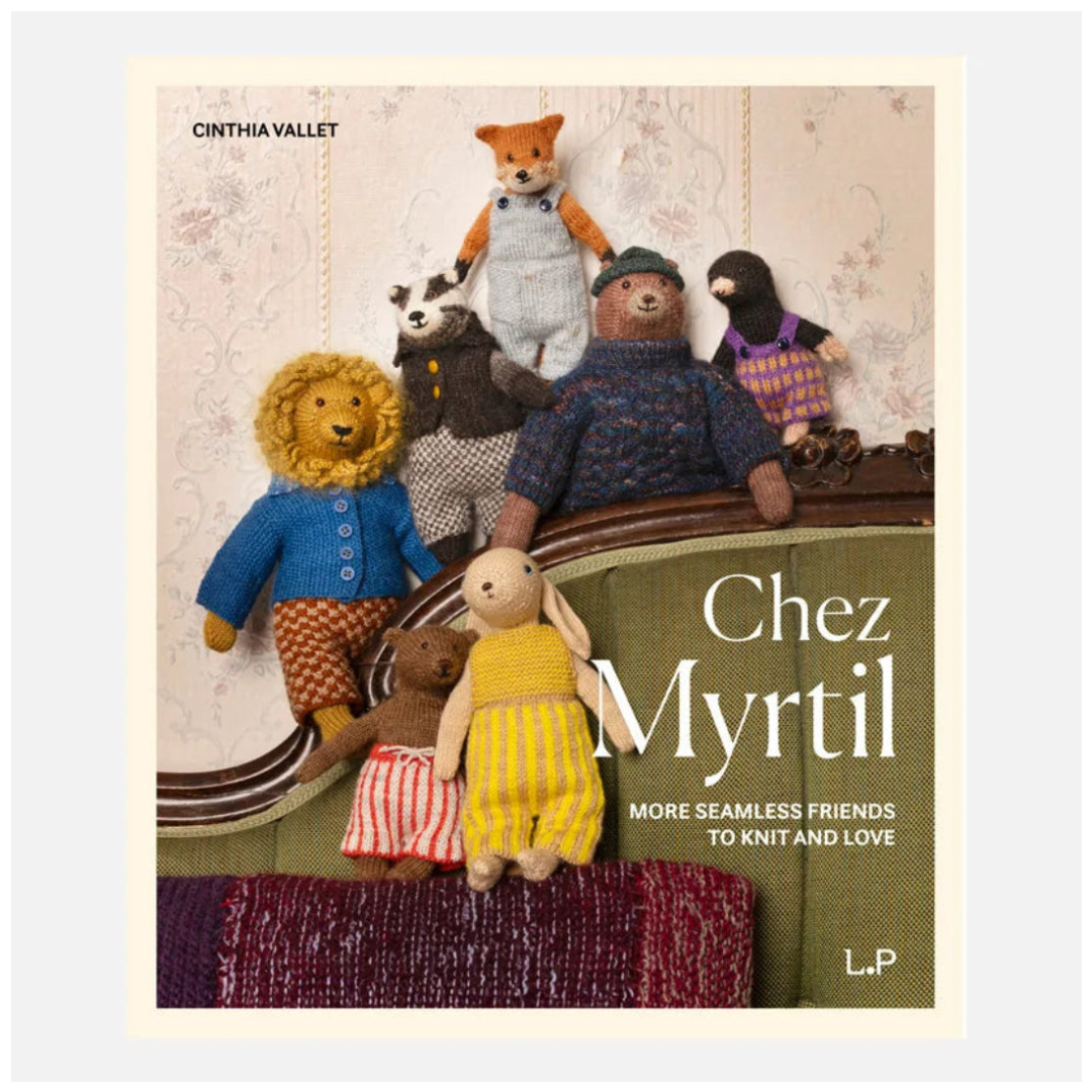 Book cover for 'Chez Myrtil' by Cinthia Vallet, featuring a group of knitted and plush stuffed animals posed on a green sofa against a patterned wallpaper background.