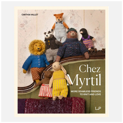 Book cover for 'Chez Myrtil' by Cinthia Vallet, featuring a group of knitted and plush stuffed animals posed on a green sofa against a patterned wallpaper background.