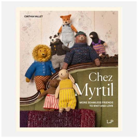 Book cover for 'Chez Myrtil' by Cinthia Vallet, featuring a group of knitted and plush stuffed animals posed on a green sofa against a patterned wallpaper background.