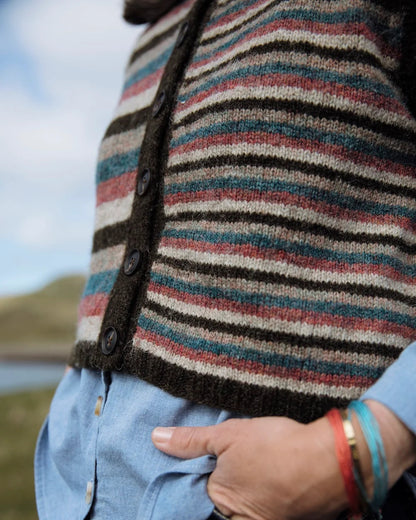 A close-up of a person wearing a striped knit cardigan with dark buttons over a light blue button-up shirt and dark jeans, with a blurred outdoor background.