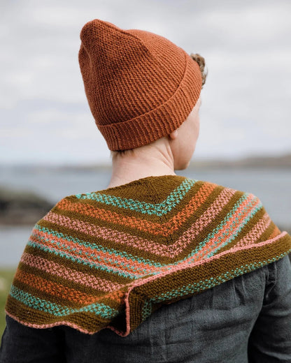 A person shown from behind wearing a rust orange knit beanie and a striped knit shawl in earthy brown, teal, and coral tones, photographed outdoors with a blurred overcast sky and water in the background.