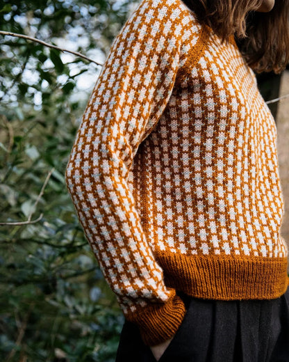Person wearing a patterned sweater with blurred greenery in the background