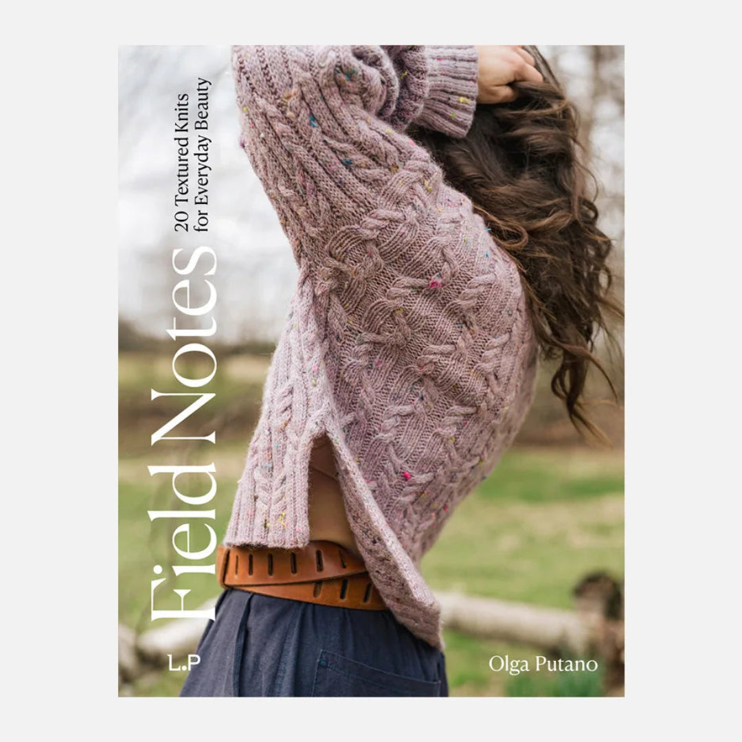 Book cover of 'Field Notes' by Olga Putano featuring a person wearing a knitted sweater.